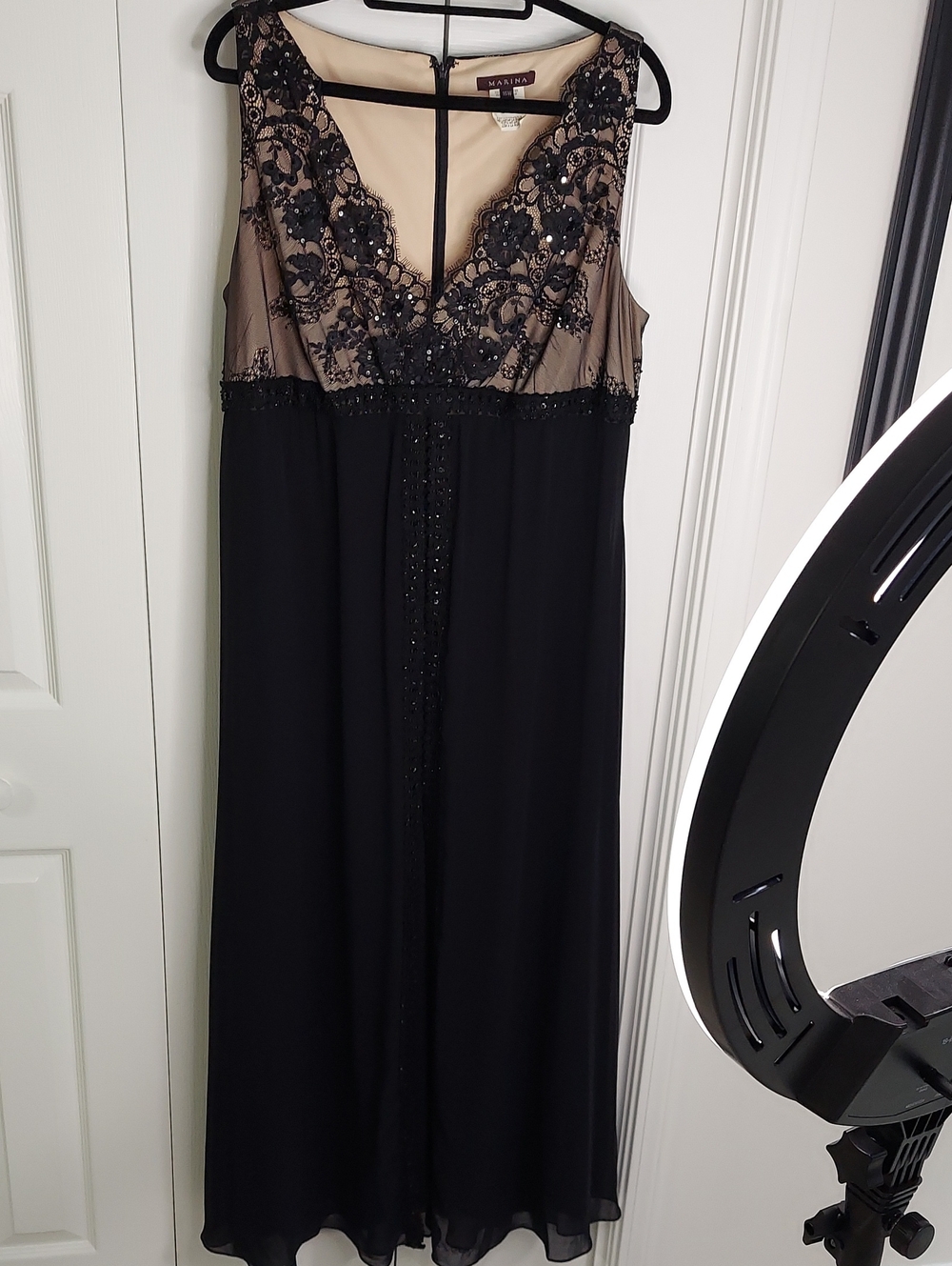 MARINA Dress, Size 16W, Lace Top, Black Sheer Overlay, Sequin Beading